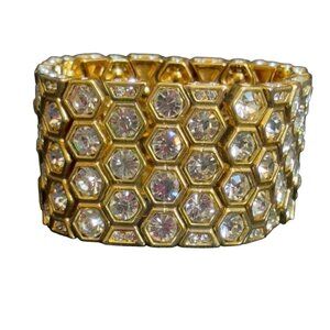 Vintage Gold-Tone Stretch Bracelet W/Unique Honeycomb Hexagonal Crystal Design